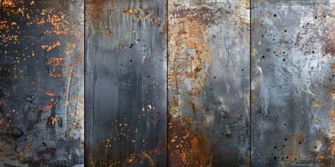 The image is a collage of four pieces of metal with rust and paint