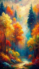 Obraz na płótnie Canvas Oil painting of autumn landscape with trees illustration