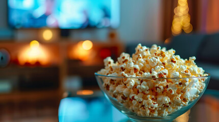 Popcorn in a glass bowl, ready to watch tv,blurred background
