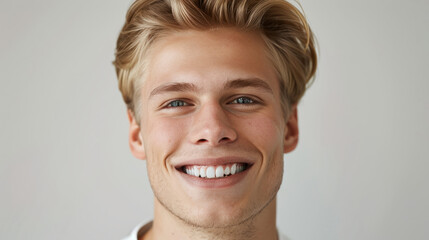 a closeup photo portrait of a handsome blonde scandinavian man smiling with clean teeth. for a dental ad. guy with fresh stylish hair with strong jawline. isolated on white background.