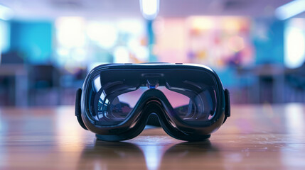 A close-up of a VR headset lying on a classroom desk, highlighting virtual reality learning.