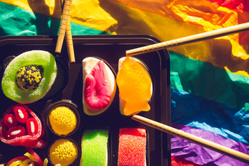 Sushi candies LGBT gay party. Sushi set in a box on bright multicolored rainbow background view...