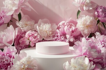 White round pedestal on a soft pink background, surrounded by a whimsical scattering of peonies. Ideal for displaying products