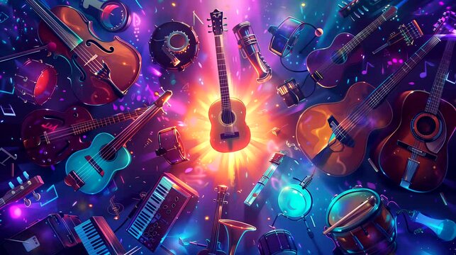 Diverse instruments on vibrant glowing backdrop. Looping 4k video animation background