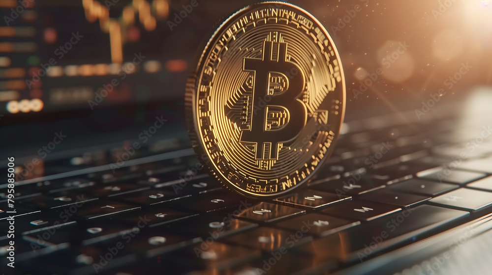 Aufkleber a golden bitcoin coin rests on a keyboard symbolizing finance and technology. financial data glows f