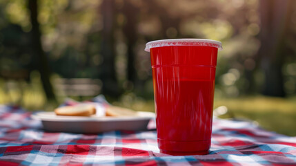 Close-up of a classic red solo cup at a simple picnic.