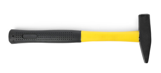 New hammer with rubber handle isolated on white, top view