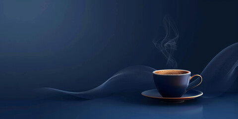 Midnight blue banner showcasing a hot coffee cup on the side, with room for your text.