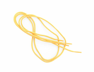 Stylish yellow shoe laces isolated on white, top view