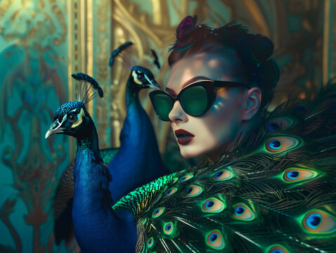 La diva aux paons : femme &eacute;l&eacute;gante au style excentrique, sensuel et vintage pose dans un salon baroque et luxueux avec deux paons