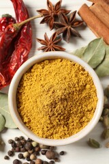 Curry powder in bowl and other spices on white wooden table, flat lay