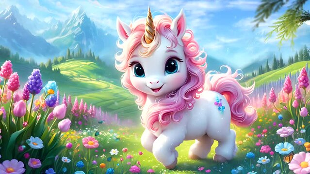 Funny unicorn amidst a colorful floral landscape.