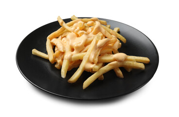 Delicious French fries with cheese sauce isolated on white
