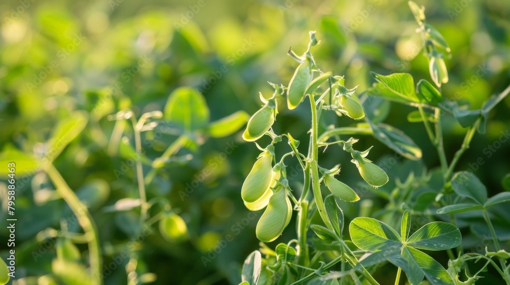 Wall mural Field of fresh green peas with leaves