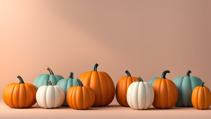 A row of pumpkins of various colors and sizes are arranged on a wall