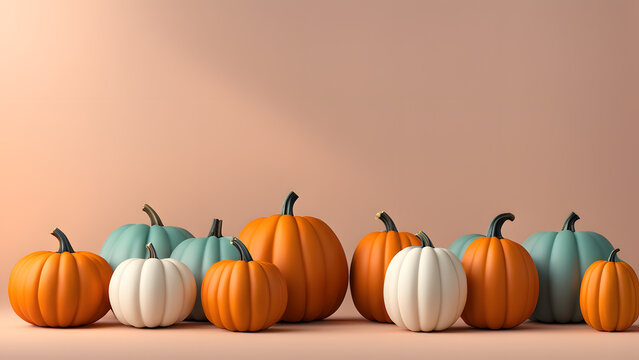 A row of pumpkins of various colors and sizes are arranged on a wall