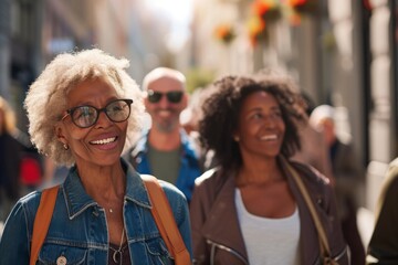 Portrait of happy mature woman with friends walking in the city.