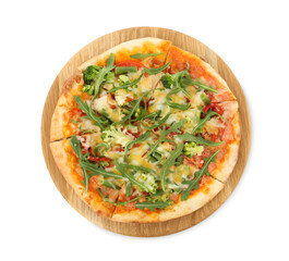 Board with delicious vegetarian pizza isolated on white, top view