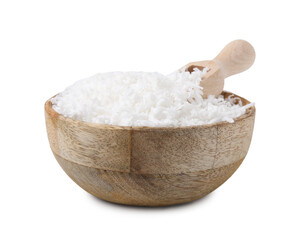 Coconut flakes in bowl and scoop isolated on white