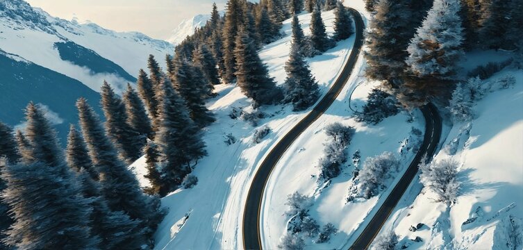 road that leads through snow-capped mountains and pine trees, top view - Powered by Adobe