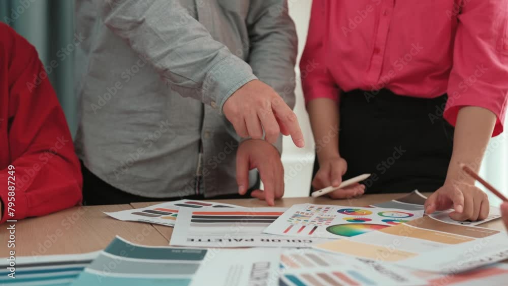 Aufkleber hand closeup of designer team brainstorming and choosing color for graphic design working or client 
