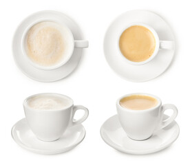 Cups of aromatic coffee isolated on white, top and side views