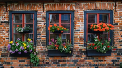 Fototapeta na wymiar Many flowers adorn window boxes of brick building