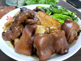 close up view of delicious asian food, pork roasted