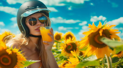 Blond model girl wearing black sunglasses and a motorcycle helmet enjoying a glass of orange juice in a vibrant field full of sunflowers