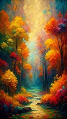 Oil painting of autumn landscape with trees illustration