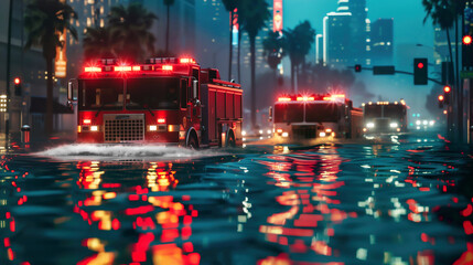 Fire trucks moving on the flooded downtown street responding on emergency call during severe stormy and rainy weather