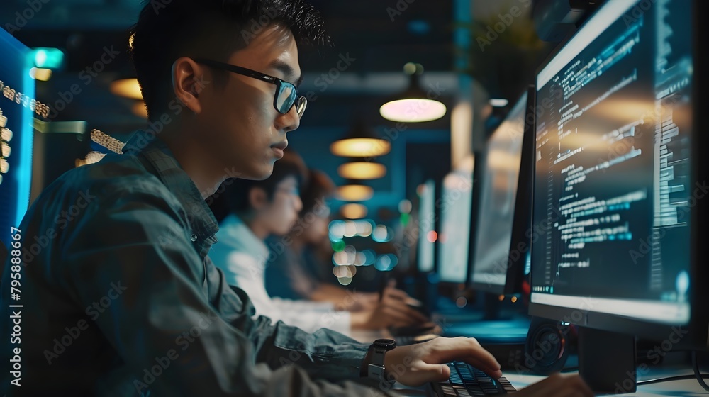 Aufkleber male programmer intently focused on computer screen in dimly lit office environment