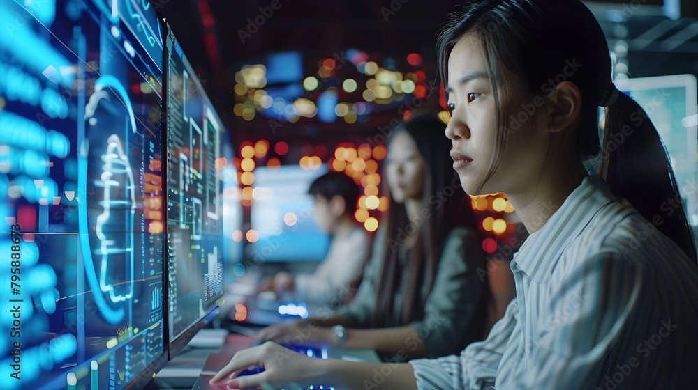 Poster focused financial analyst reviewing digital data insights on computer screen in modern office