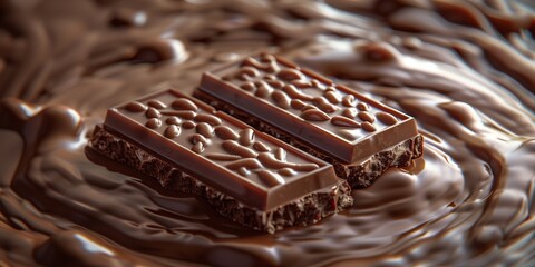 Luxurious Chocolate Bar Immersion for Confectionery Marketing, Melted Chocolate Deluge Over Crisp Chocolate Bars with Dynamic Splashes
