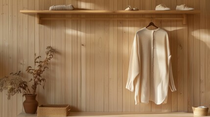 Fototapeta na wymiar Minimalist wooden shelf, sleek and functional, ideal for modern clothes storage solutions