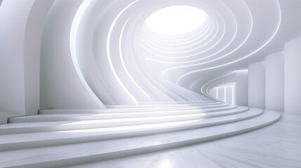 Abstract white tunnel room with wave lines pattern, 3D illustration.	