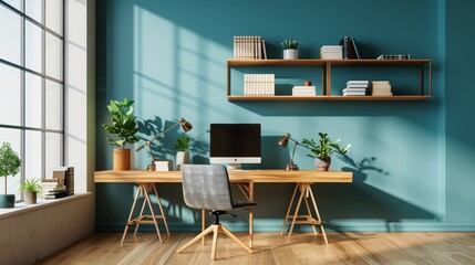 Modern home office with floating shelves against a vibrant light background for a clean look