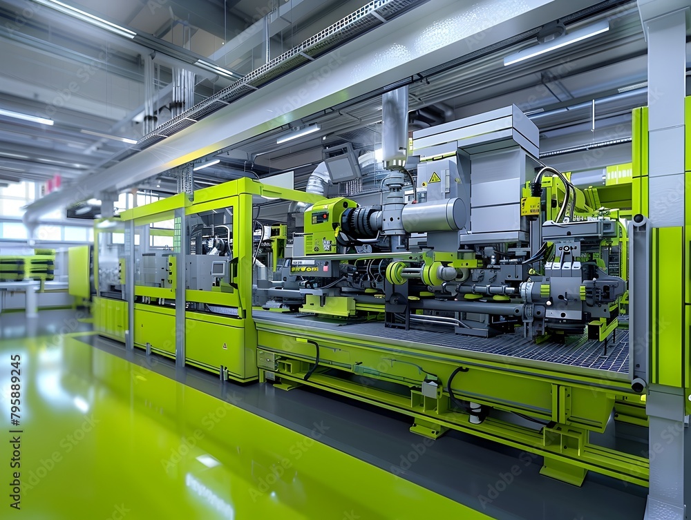 Poster automated industrial factory with robotic metalworking machines in production line