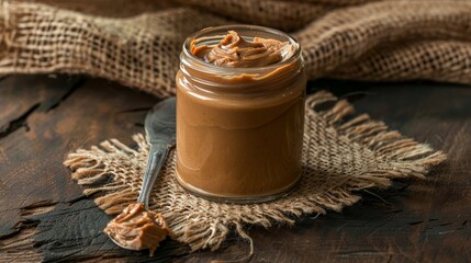 Fototapeta na wymiar Rich, creamy peanut butter in a glass jar, served with a spoon on a rustic dining table