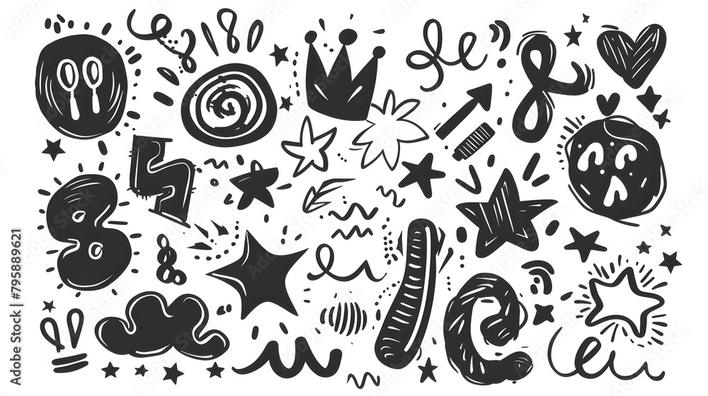Poster whimsical abstract doodles and sketches in monochrome patterns