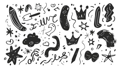 Whimsical Black and White Doodles and Shapes Forming Abstract Pattern
