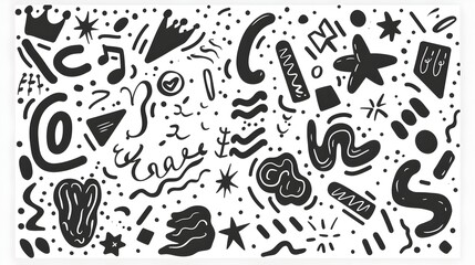 Vibrant Monochrome Abstract Shapes and Doodles Playful Design Composition