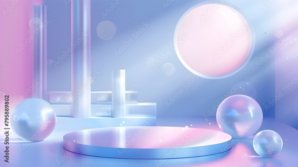 Poster minimalist pastel toned abstract 3d studio scene with geometric shapes and spherical forms on displa