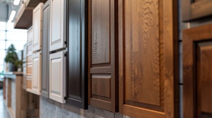 Sleek row of modern and vintage luxury wood cabinet doors showcased in market settings