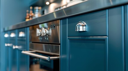 Sophisticated blend of luxury and nostalgia: Blue cabinet doors with stainless steel features in a close-up view