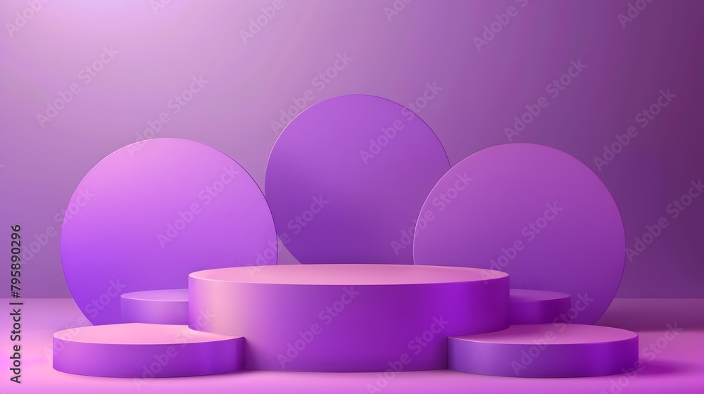Poster minimal abstract geometric shapes and purple podium backdrop for product display or scene render