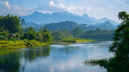 Captivating Mountainous Landscape Mirrored in Serene Lake Surrounded by Lush Foliage