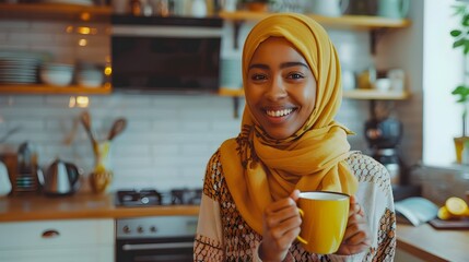 Joyful Morning Ritual Biracial Woman in Hijab Savoring Coffee in Kitchen - Powered by Adobe
