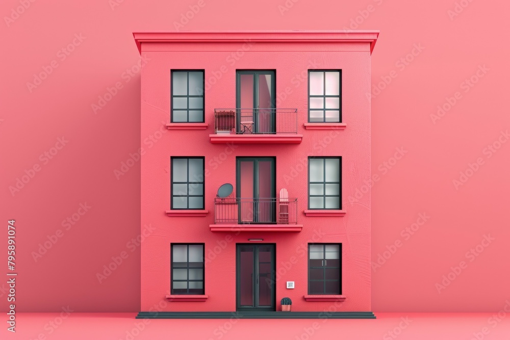 Poster a red building with a balcony and a sign on the front