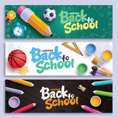 Back to school vector banner set design. Welcome back to school greeting text with pencil, water color, color pencil and brush arts materials for educational lay out collection. Vector illustration 